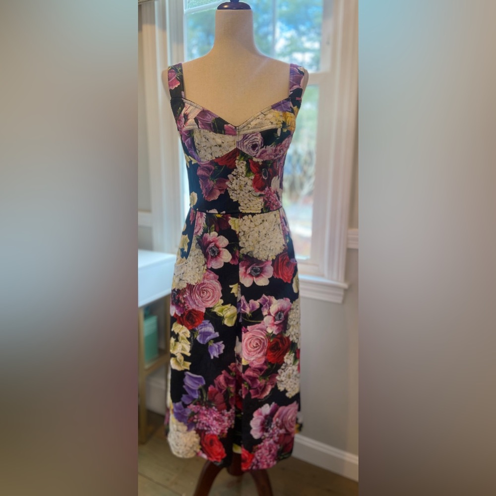 Dolce & Gabbana Black Floral Midi Dress with Pink, Red & Purple Roses